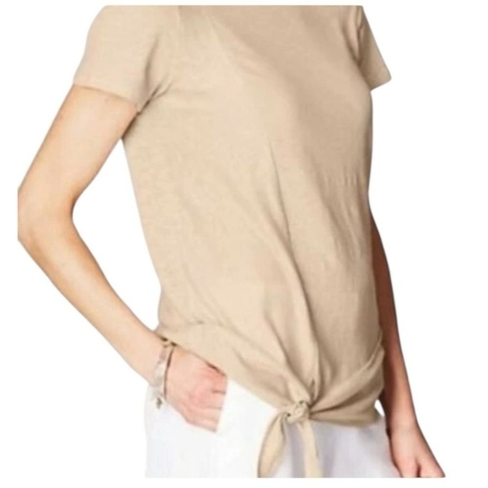 J Jill Love Linen 100% Linen Beige Women's Top T Shirt Side Knot sz S Minimalist